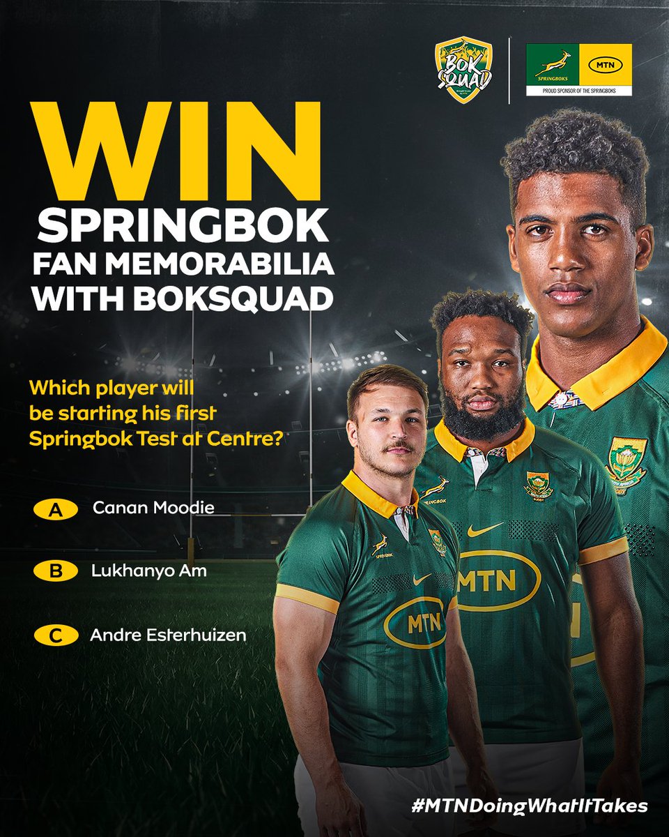 WIN Springbok merchandise with #BokSquad 🥳 Get involved by: - Give us the correct answer below using #MTNDoingWhatItTakes and tag one other person ✅ - RT this post 🔄 HINT: You can access the full team announcement on #BokSquad: boksquad.co.za/article/nienab…