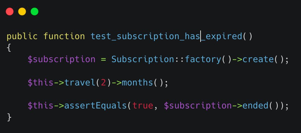 LoydRG's tweet photo. #Laravel Time-traveling tests are when interacting with time.

Here is an example. https://t.co/OIzp6IanZo