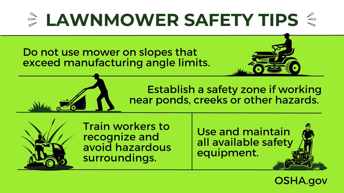 OSHA_DOL's tweet photo. Workers operating mowers can face serious hazards. Here's how to keep them safe:

◼️ Be familiar with terrain conditions
◼️ Ensure operators are properly trained
◼️ Properly maintain and service mowing equipment

Learn more 👉
https://t.co/agUT1QkCMp https://t.co/Z5xScmaLzm