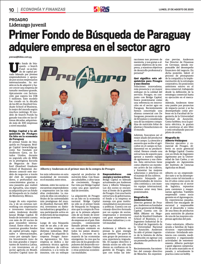 Cibersons_'s tweet image. Hito para la Economía #Paraguaya! 

Felicitamos a Bridge Capital, primer #SearchFund del país y parte de nuestro portafolio @Cibersons_ , por la #adquisición de la empresa ProAgro 

El mayor de los éxitos para el equipo 👏 💪 💪

5dias.com.py/agronegocios/p…