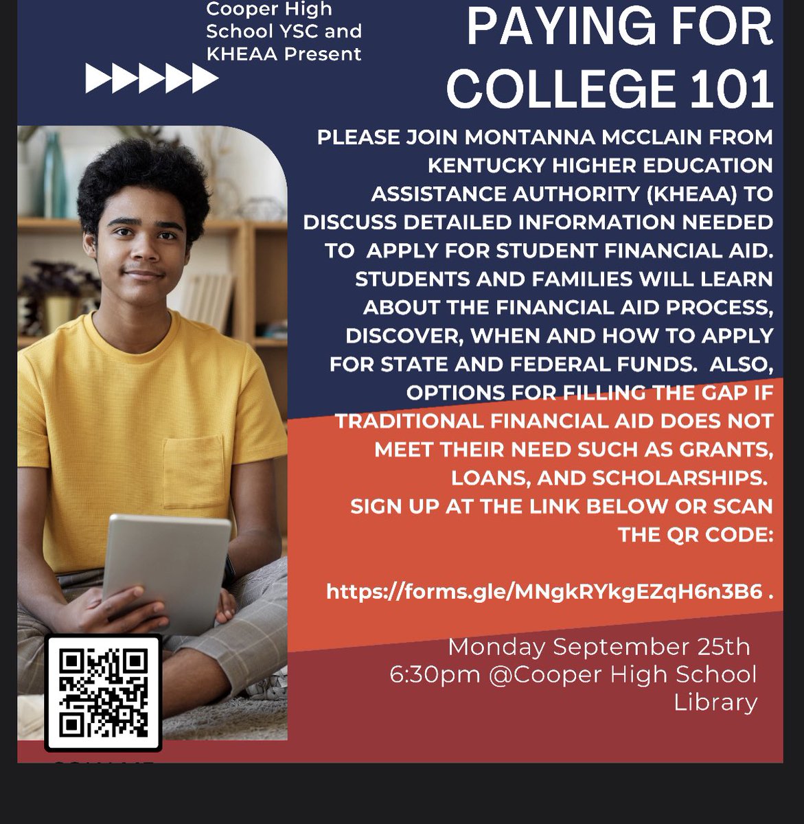 If you interest in attending the Paying for College 101 please click the link or scan the QR Code. docs.google.com/forms/d/e/1FAI…