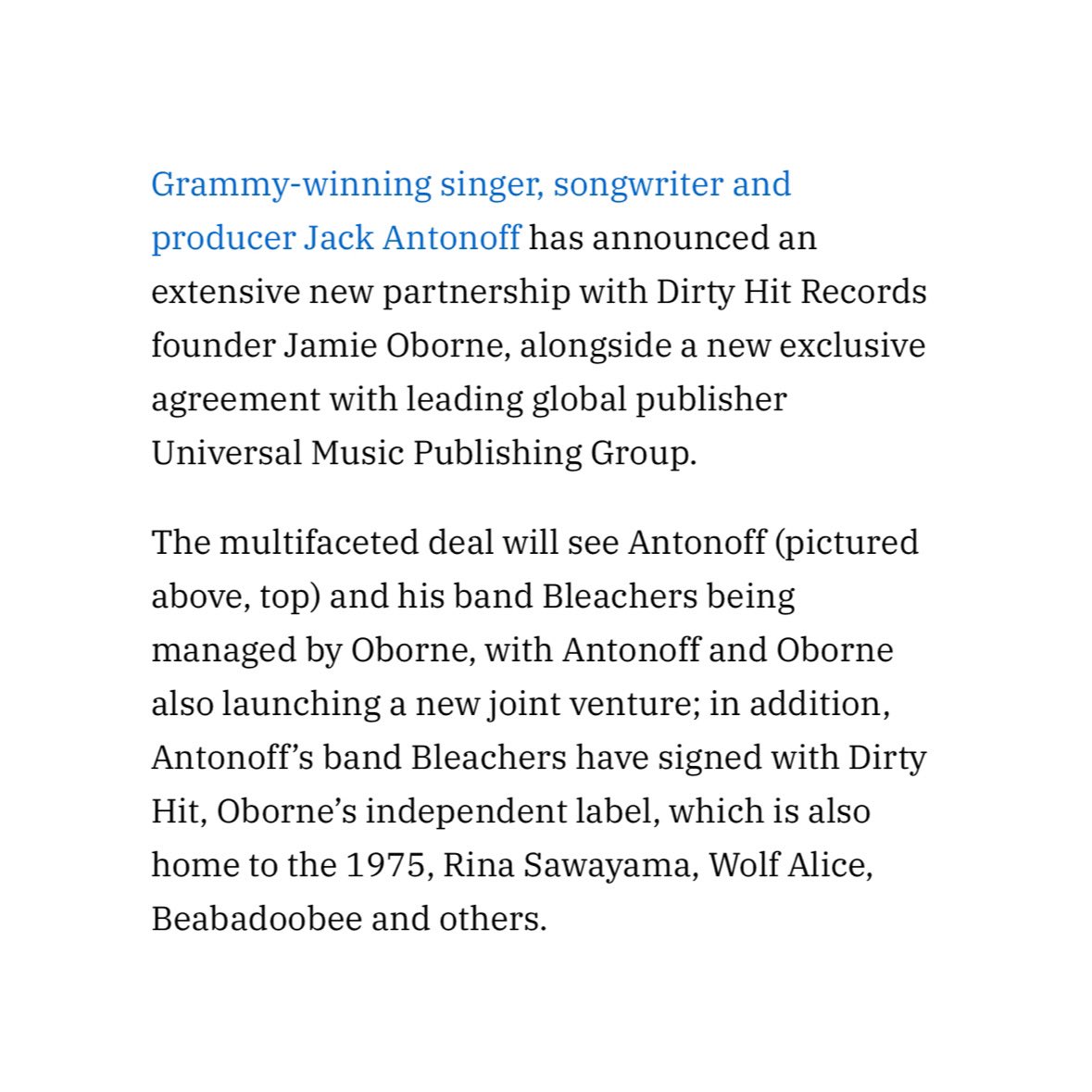 m_musicblog's tweet image. 🚨 Bleachers and Jack Antonoff have signed with Dirty Hit Records.