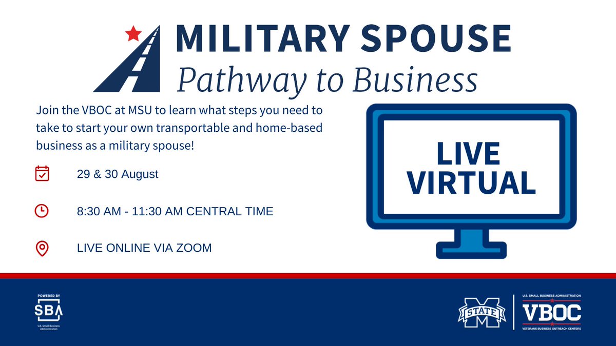 Boots2Business's tweet photo. 📢Next week!
Join @VBOCatMSU Tuesday, 8/29 for a free, virtual #MilspousePathway class on how you can start or grow your very own small, transportable business.
➡️Learn more and register here! https://t.co/VfmdHELmOw https://t.co/3NkxSbIhT9