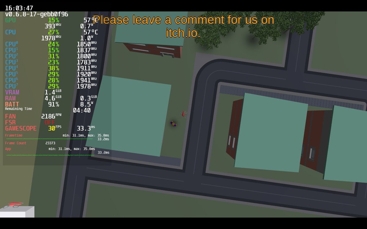 Not sure if this has been done before:

First time trying a #gdevelop game engine 3D game on #SteamDeck .
I used <a href="/tulenvaki/">Tulenväki Productions</a> 's Sonny's Delivery Service as the test subject. Performance was more than capable at 30FPS lock (game at times has 1m+ polygons on screen).
<a href="/GDevelopApp/">GDevelop</a> 👀