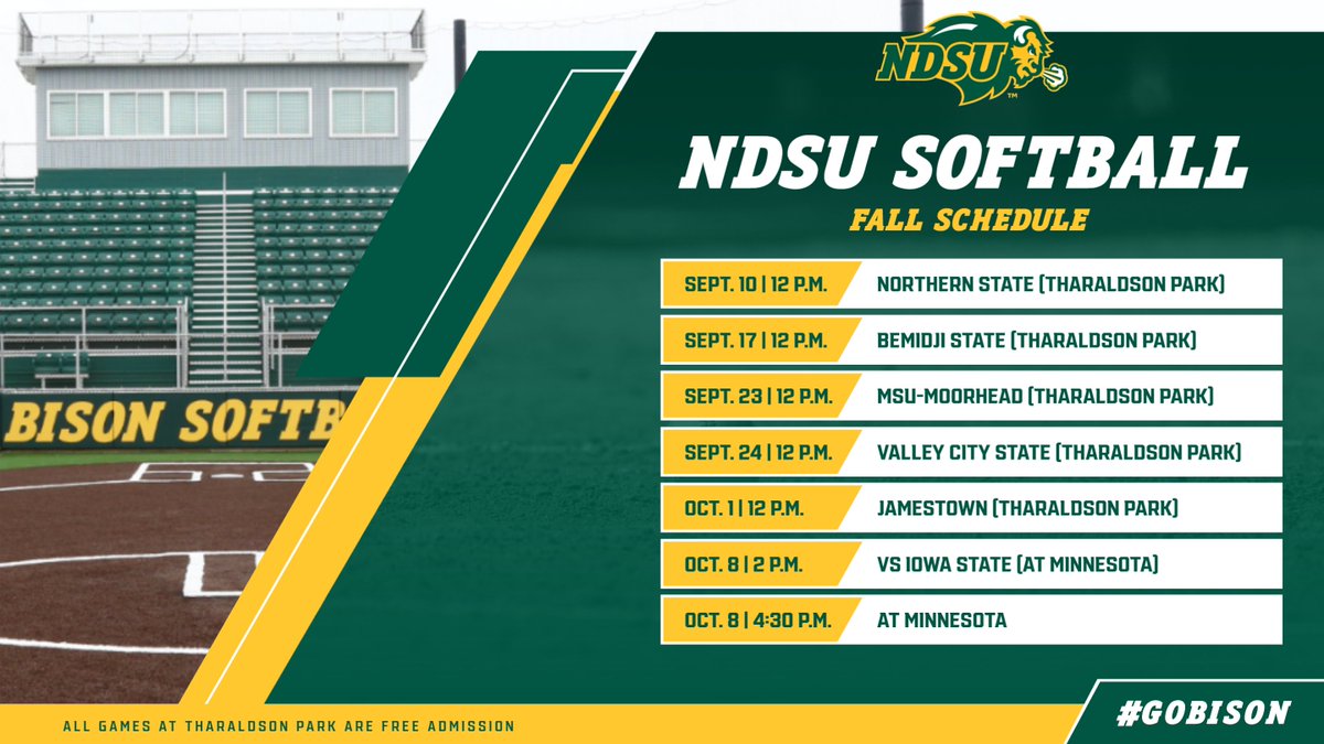 NDSUsoftball's tweet photo. Our fall ball schedule is set! 🤘

#GoBison 🦬 https://t.co/M21PhwBkpZ