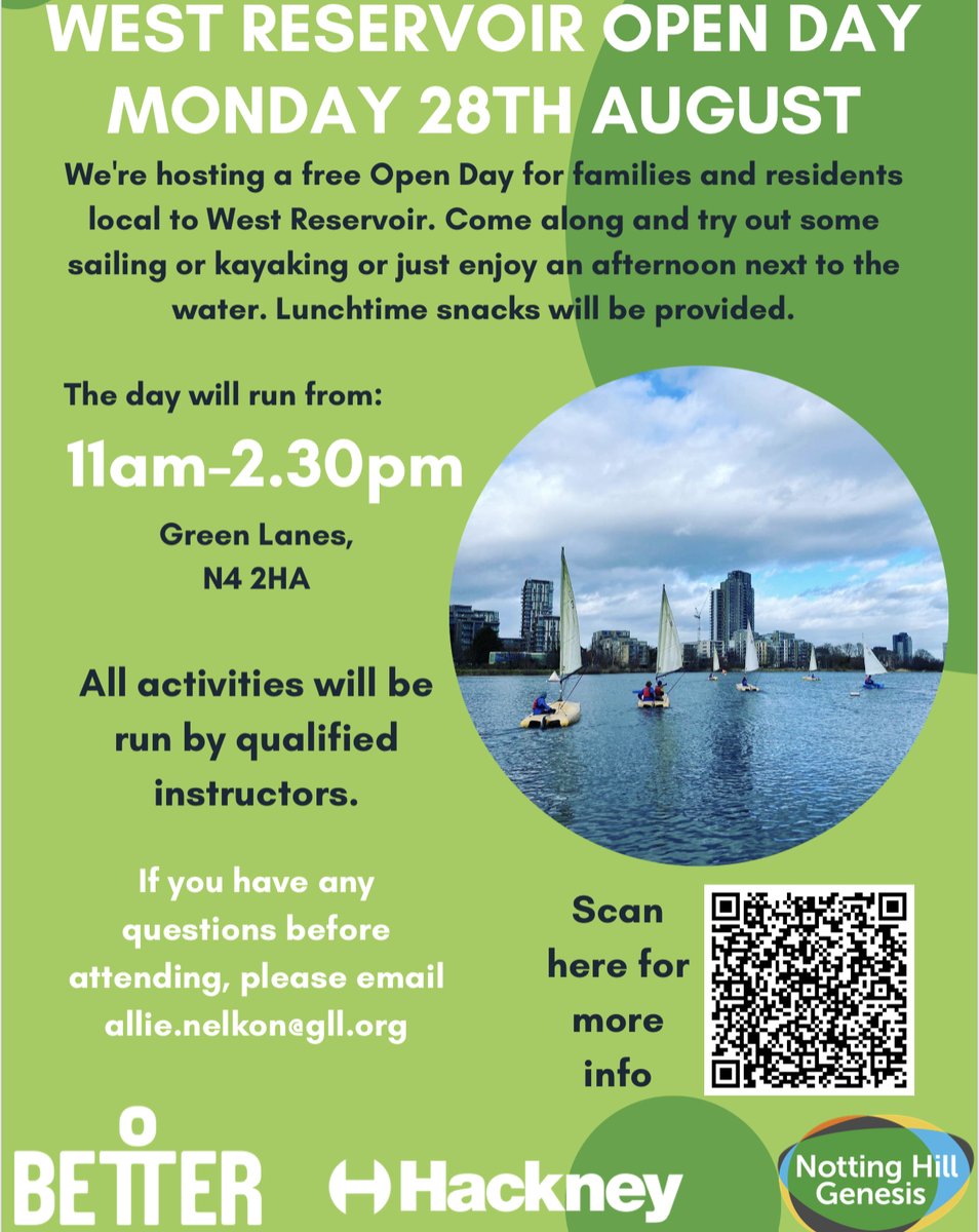WEST RESERVOIR OPEN DAY MON 28 AUG
For families &amp; local residents
Try sailing or kayaking, or enjoy an afternoon next to the water. Snacks provided
11am-2.30pm
Green Lanes, N4 2HA
If you have questions, email allie.nelkon@gll.org <a href="/hackneycouncil/">Hackney Council</a> <a href="/WestReservoir/">West Reservoir</a>