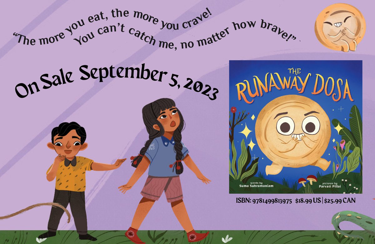 Keep an eye out as #TheRunawayDosa races through bookstores this September! By @suma_v_s and illustrated by #ParvatiPillai this new picture book is a fantastical reimagination of the familiar Gingerbread Man story. Can you catch the dosa before it gets away? 

#BeeAReader🐝