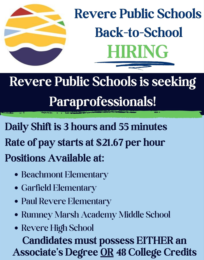 RevereAsstSuper's tweet photo. RPS is seeking part-time paraprofessionals!  Please check out the flyer below.  @RPS_Super @RPS_AsstSuper @lourenco962 

To apply, click here:  https://t.co/ZPlJlCU6zY https://t.co/X9e8fiAhBv