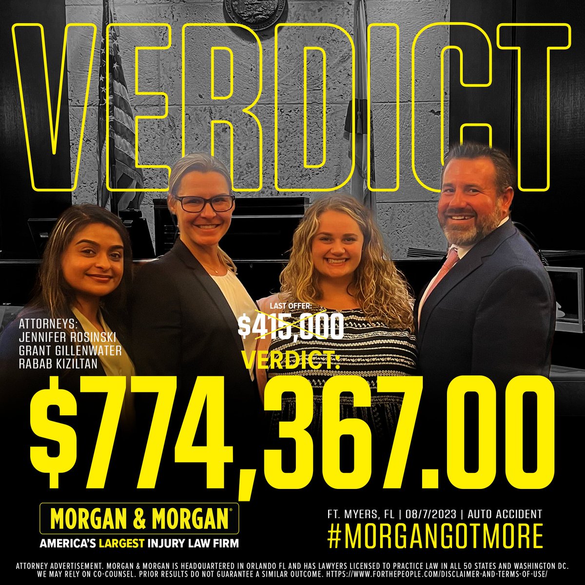🚨#VerdictAlert:

Jennifer Rosinski, Grant Gillenwater, and Rabab Kiziltan just received a $774,367.00 verdict for our client in Fort Myers, FL!

Proud of our attorneys for always advocating #ForThePeople 💪

#MorganGotMore #MorganMath #LAW