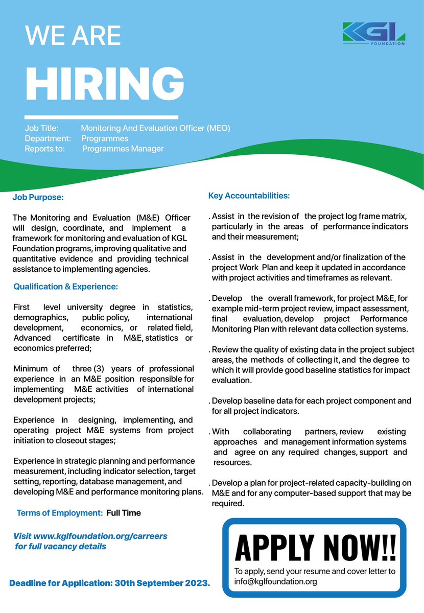 Great Opportunity! Come join us in 'Empowering Communities & Changing Lives'!

APPLY HERE<kglfoundation.org/careers?fbclid…>
 #kglfoundation #createimpact #jobalert #monitoringandevaluation