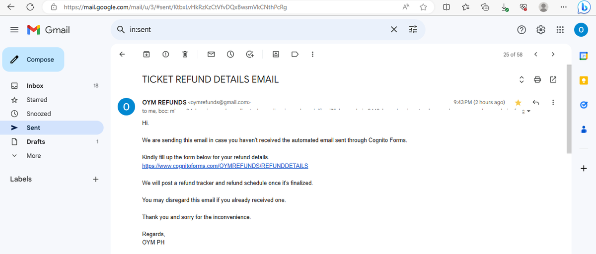 onyourmark_ph's tweet photo. done answering all inquiries sent to oymrefunds@gmail.com. emails sent until 11:30 PM were answered. 

clearing the helpdesk email and main email next then yung TG 

for the refund details form, we resend the form to ALL the email we have on the record at 8:58 PM and 9:43 PM https://t.co/I8QvZvGZpn