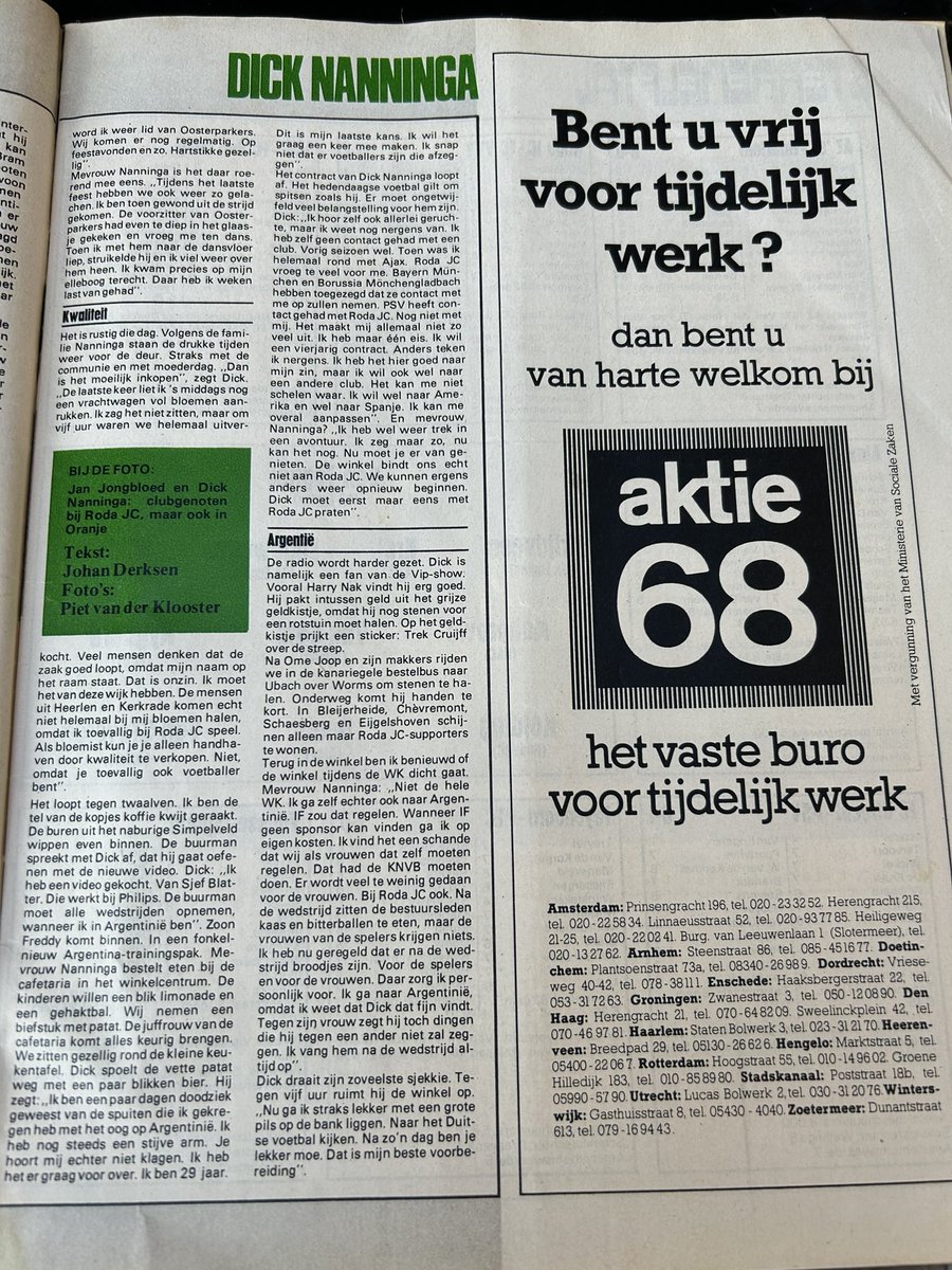 Johan1907's tweet image. Mooiste voetbalcovers van @HarryWalstra ik plaats deze voor jou Harry. Groninger Dick Nanninga Incl interview Johan Derksen @VI_nl Mei 1978. Patat, Bier, shag, bloemenzaak runnen, het kon allemaal. Paar maanden later kopte hij de 1-1 binnen in de WK Finale 78.