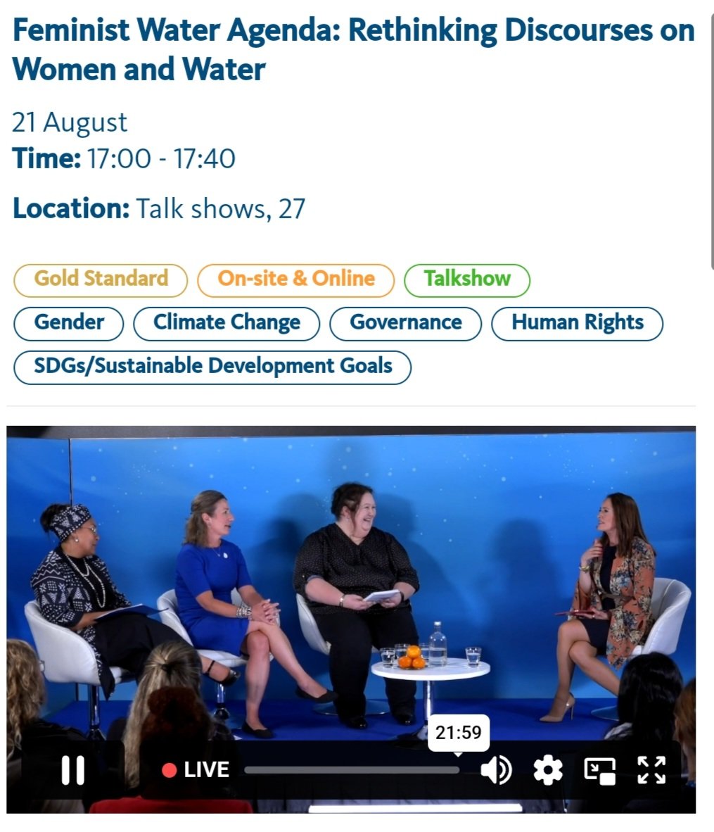 sidroo's tweet photo. Enjoyed tuning in to the #feministwateragenda "talkshow" at @siwi_www featuring familiar faces of @IWMI_ (@Inga_JM &amp; @KarenNortje) and @ProfSeraYoung! It's about being brave enough to tackle systemic issues and giving a voice to water beyond numbers. #WWWeek https://t.co/ByXZvOzprW