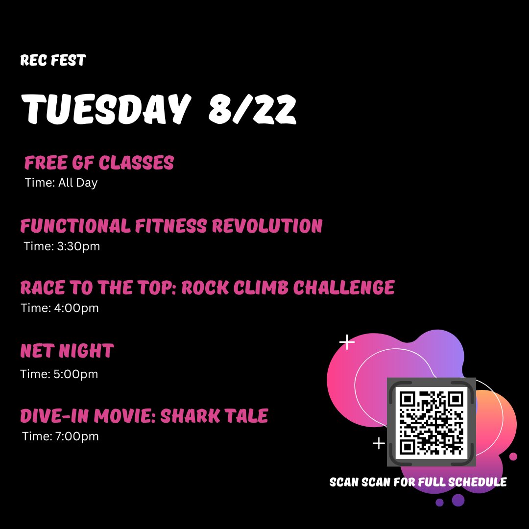 UNTRecSports's tweet image. DAY 2 of REC FEST!!! Bring a friend and enjoy a dip in the pool and watch Shark Tale 

#untrec #RecFest2023 #RecFest2022 #GetExcited #QRCode #EventDetails #UniversityofNorthTexas #UNTLife  #HealthandWellness #StudentLife #CollegeFun #UNTRecCenter #CampusRecreation #ExploreUNT