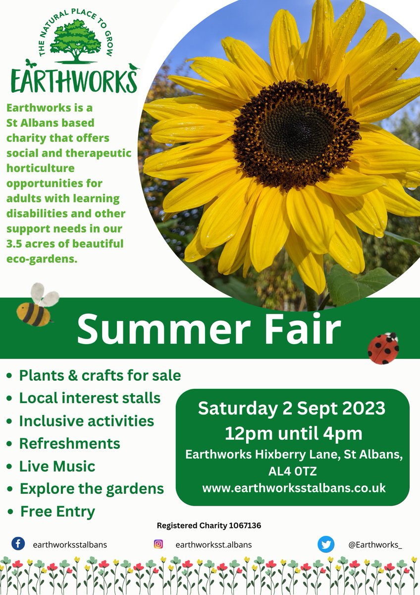 Join us 2nd Sept 12-4pm! Something for everyone including bug hunt trail, craft activity, plants&amp;craft sale, refreshments and music from Fleetville Harmony and St Albans folk musicians. 
#summerfair #stalbanslife #stalbans #earthworksstalbans #therapeutichorticulture #charity