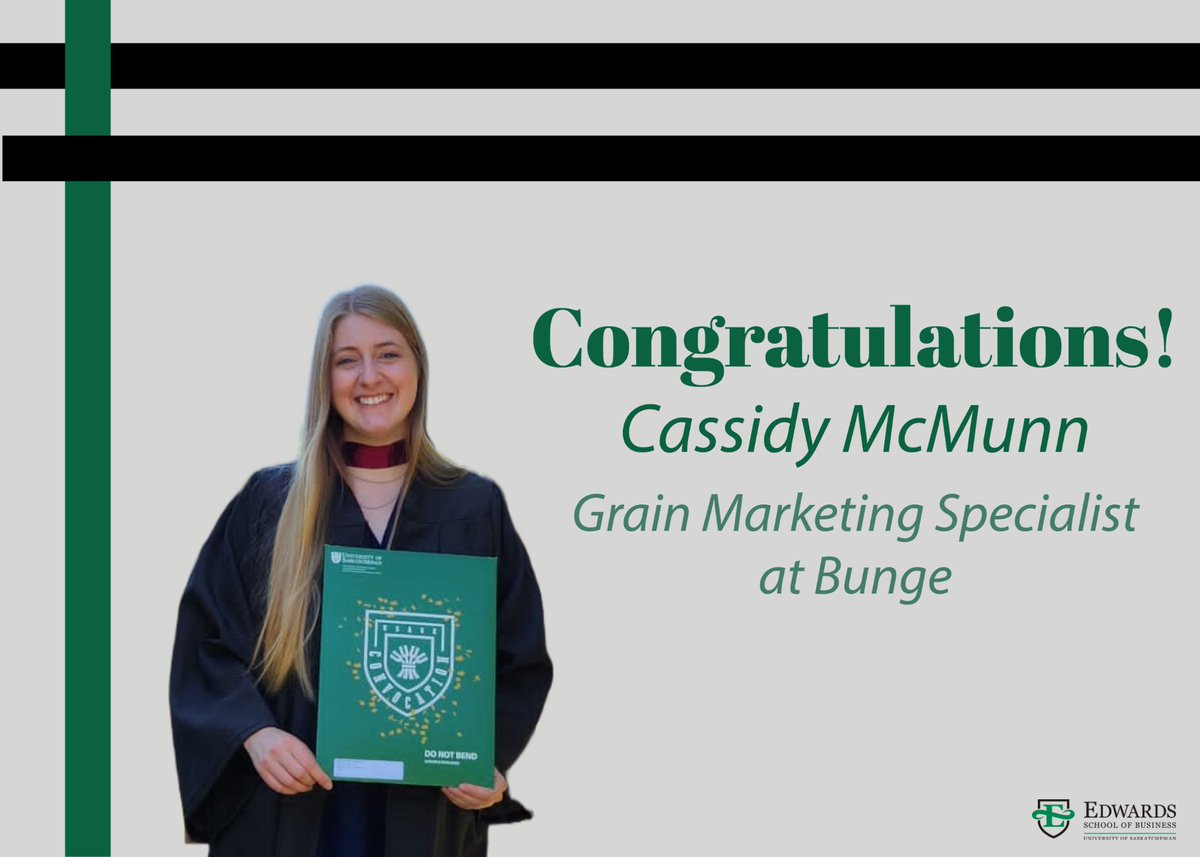Congratulations, Cassidy McMunn (B.Comm. 2023), on your new role as Grain Marketing Specialist at Bunge🎉.

Please join us in congratulating Cassidy below👏!
#EdwardsProud #EdwardsAlumni #USask