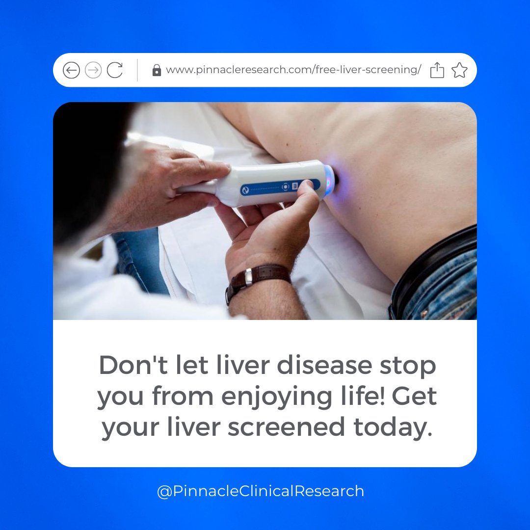 Don't let liver disease stop you from enjoying life! Get your liver screened today and reclaim your vitality!

🌐hubs.ly/Q01_tb2f0 
.
.
.
#PinnacleClinicalResearch #LiverTwitter #ClinicalTrials #Research  #LiverAwareness #LiverDisease #LiverHealth