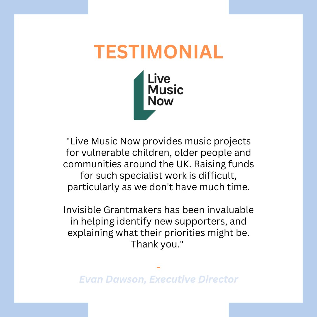 RobertPike_SPM's tweet photo. Grateful to Live Music Now for their kind words 🙏 Dive into our specialist report; explore 100 lesser-known trusts &amp; get the funding help you need now! #charityfundraising #fundraising #charity #Funding #fundinghelp #charitysolutions https://t.co/PzRPy1UD6j