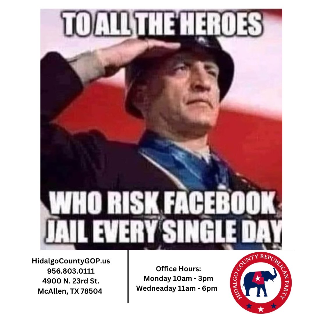 HidalgoCoGOP's tweet image. To all the heroes who risk Facebook jail every single day 😜😂😂

#MemeMonday #LeadRight #TruthAlways