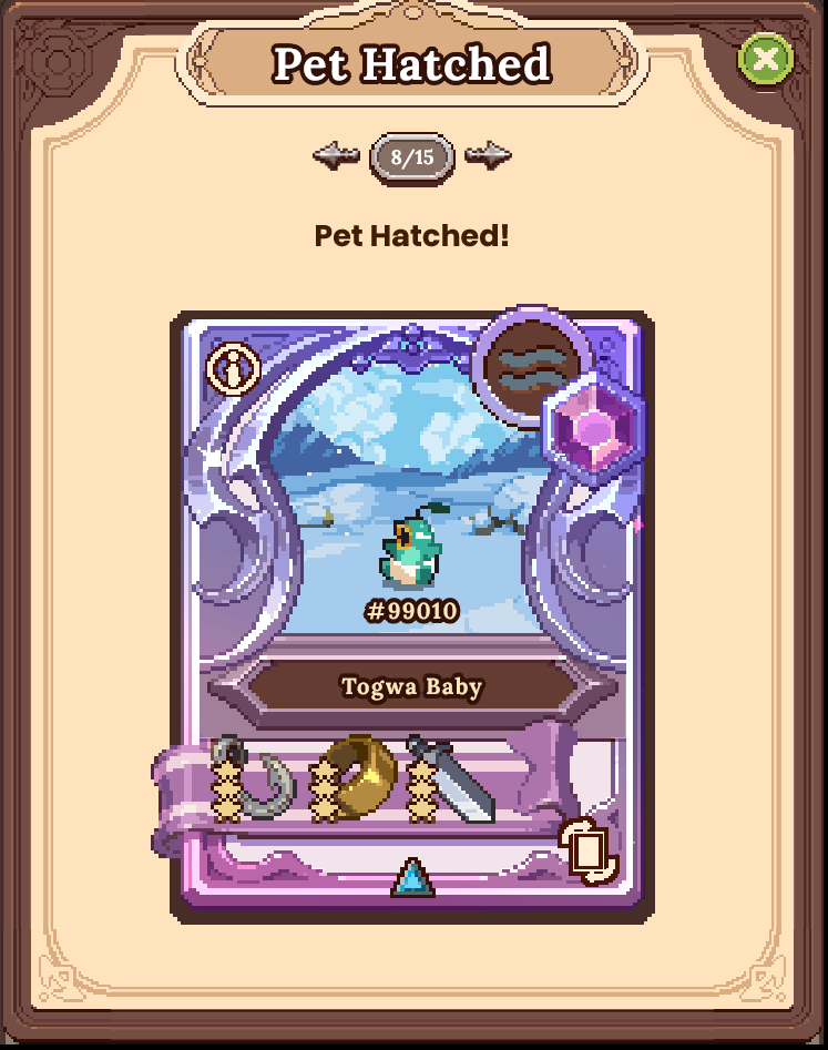 boggsee33's tweet photo. After a Few days of our @DeFiKingdoms quests, our hero's requested to do some #EggIncubations at the beloved #Hatchery. Something that has heighten the mood around the GGG Clan recently.
I gather about 15 or so #BlueEggs and we head that way. I call #Cliff over to pay the ingredients necessary and he sets everything up.
All of a Sudden, we hear the eggs start to crack open, and we hear the #MythicDing. As we go through the cracked shells pulling out the pets, we found it.
A Mythic #TogwaBaby 9-Star with 124% chance Skill increase.
@MythicSquadDFK