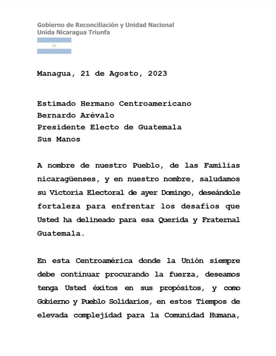 FloryCantoX's tweet photo. 🇳🇮🇬🇹 Mensaje del Gobierno de #Nicaragua al Señor Bernardo Arévalo, por salir electo como Presidente de #Guatemala en las elecciones de este pasado domingo. https://t.co/ecVZ8fYAQ6