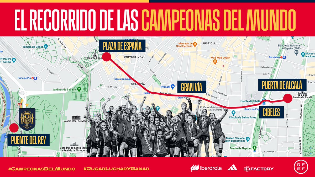 SEFutbolFem's tweet photo. 🙌🏻🇪🇸 ¿Te gustaría animar a nuestras #CampeonasDelMundo en su ruta hasta Madrid Rio?

🚍 ¡¡Su autobús descapotable pasará por estos puntos clave!!

🛣️ Una vez llegue a Plaza de España, irá por vías rápidas hasta la fiesta de Puente del Rey.

#JugarLucharYGanar | #CampeonasDelMundo https://t.co/iWJcOWuCdW