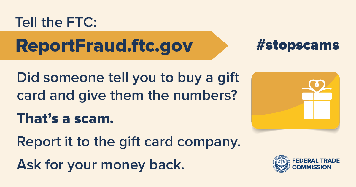 You've heard it a lot: "If someone asks you to pay with a gift card, it's a scam!" But what if you did, can you do anything? The FTC now says yes, you can! Some gift card companies are freezing stolen cards. So report it to the gift card company ASAP! consumer.ftc.gov/consumer-alert…