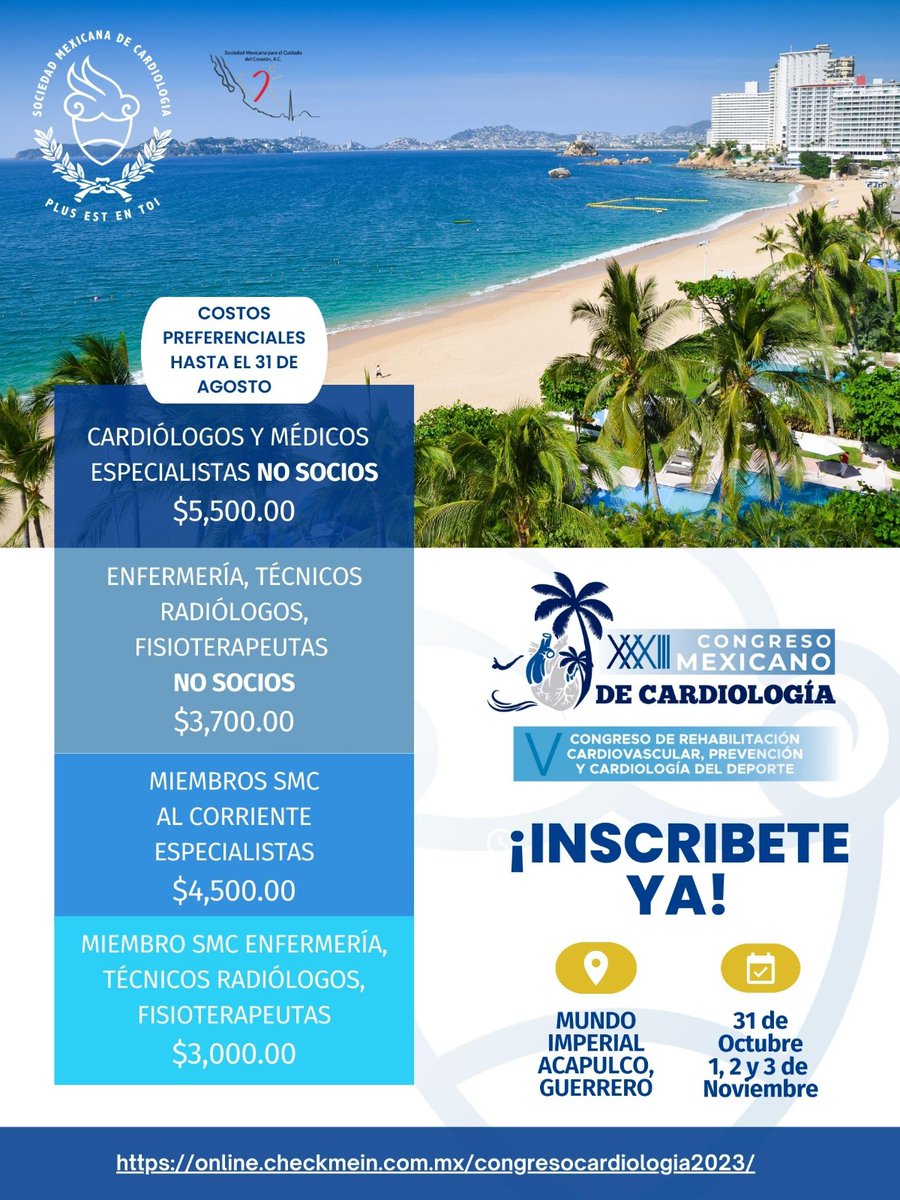 🫀 ¡Prepárate para el XXXIII Congreso Mexicano de Cardiología! 🎉 Aprovecha nuestros precios preferenciales y asegura tu lugar en el evento más esperado del año.

🔗 ¡Inscríbete ahora!
congresomexicanocardio2023.mx
#CMC2023 #Cardiología #enfermeria #soysmc 🩺👨‍⚕️