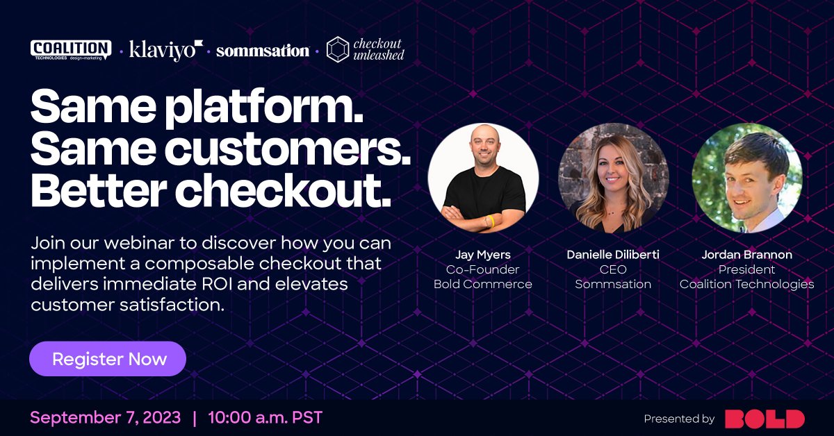 bold_commerce's tweet photo. ๐ Ready to turn your checkout into a revenue powerhouse? ๐ฅ Join our upcoming webinar with @CoalitionTech, @klaviyo and Sommsation ๐ฅ Seats fill up fast, reserve your spot for our webinar today! โก๏ธ https://t.co/vZeAtnwQNt #boldcommerce #tailoredcheckout #webinar https://t.co/qbnWWGvP4Y