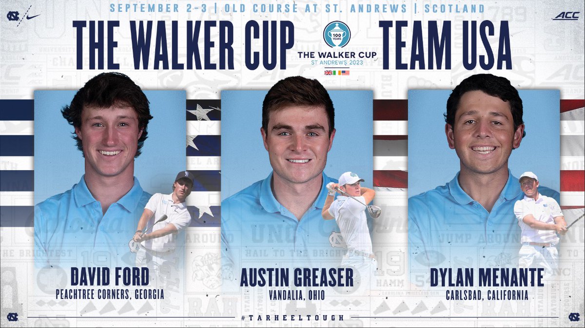 In the first 48 Walker Cups, six Tar Heels represented Team USA: Harvie Ward Jr (3x), Marty West (2x), Frank Fuhrer, Davis Love III and Tom Scherrer. Three Tar Heels will don the Red, White & Blue at the Old Course Sept. 2-3. #GoHeels