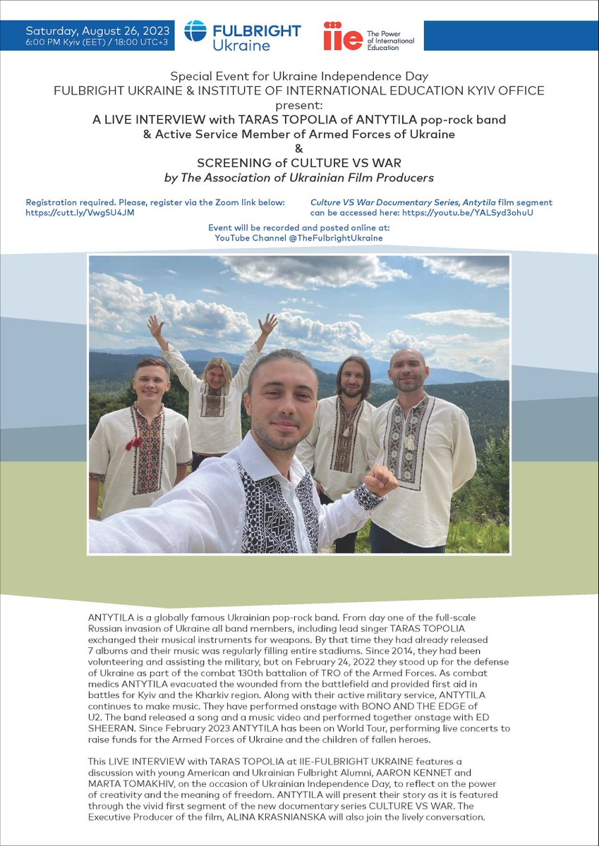 DoctorsU4U's tweet photo. Please join us for Ukraine Independence Day A LIVE INTERVIEW with TARAS TOPOLIA of ANTYTILA &amp; Active Service Member of the Armed Forces of Ukraine &amp; SCREENING of CULTURE VS WAR by The Association of Ukrainian Film Producers. 

Register via Zoom link: https://t.co/ojQGdA3nRv https://t.co/QJMHP9AAvj