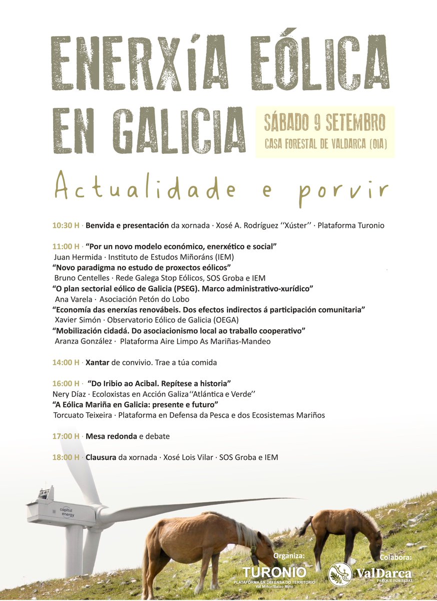 "ENERXÍA EÓLICA EN GALICIA. Actualidade e porvir"
Casa forestal de ValDarca, Oia (PO) 09/09/2023 
iem.gal/axenda/enerxia…