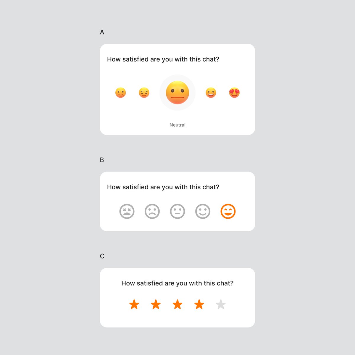 Daviowhite's tweet photo. Running a test, which of these rating style works for reviewing a customer support chat. A, B or C? 🙏🏿 https://t.co/n6haVJGMsi