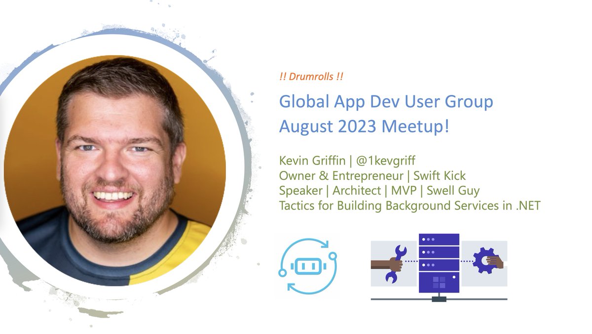 globalappdevug's tweet image. Happy Monday! 🙌
August #GlobalAppDevUG Meetup is this evening:
@1kevgriff talks up all things Background Services -
globalappdevusergroup.com.     

Come join @ 6 pm EST.. interactive livestream on
twitch.tv/codeitlive.