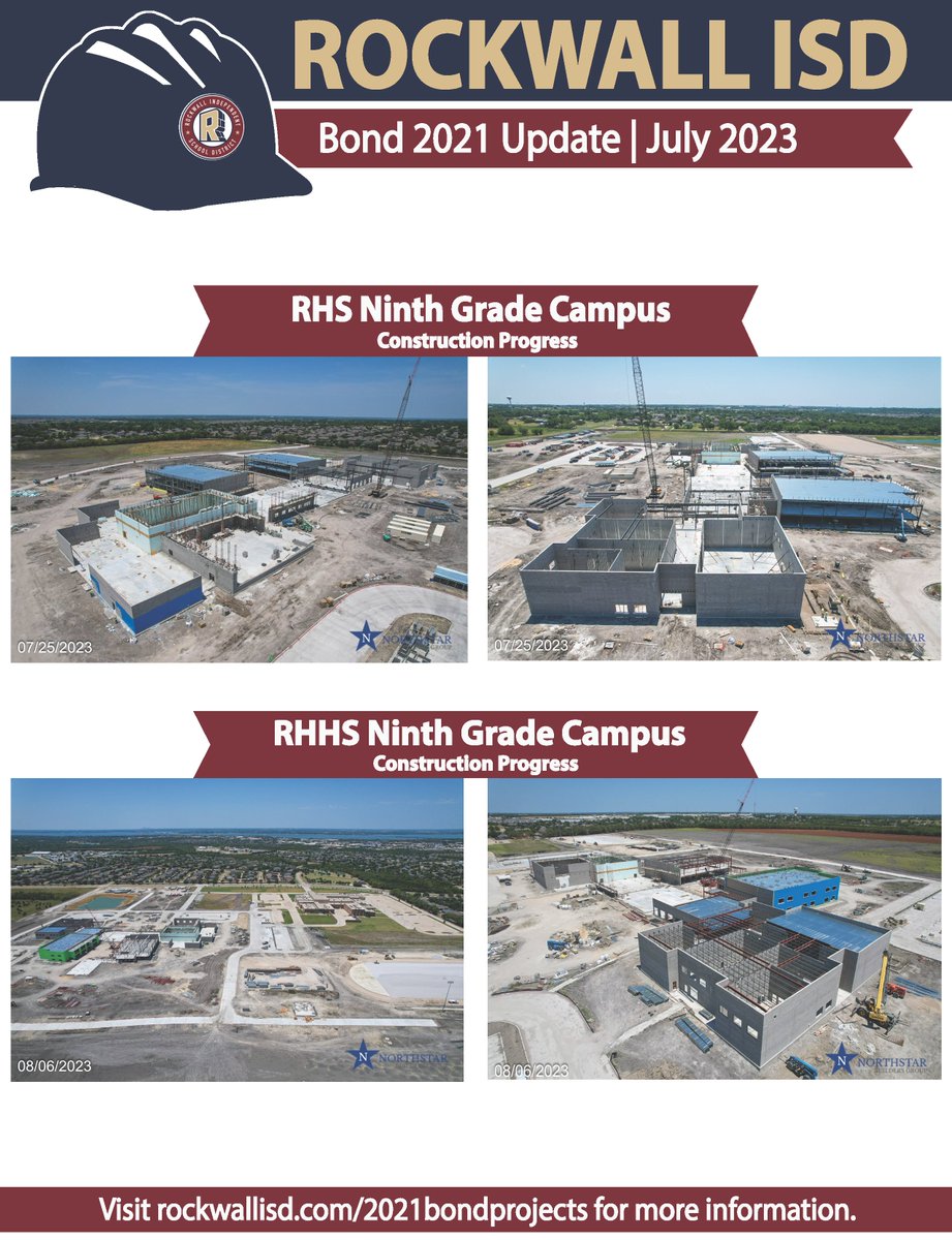 Our Bond 2021 Update includes construction progress for the <a href="/Rockwall_HS/">RockwallHighSchool</a> and <a href="/RHHSHawks/">Rockwall-Heath HS</a> Ninth Grade Campuses. Thank you to our community for investing in our bright future! Visit rockwallisd.com/2021bondprojec… for more information about the 2021 bond.
