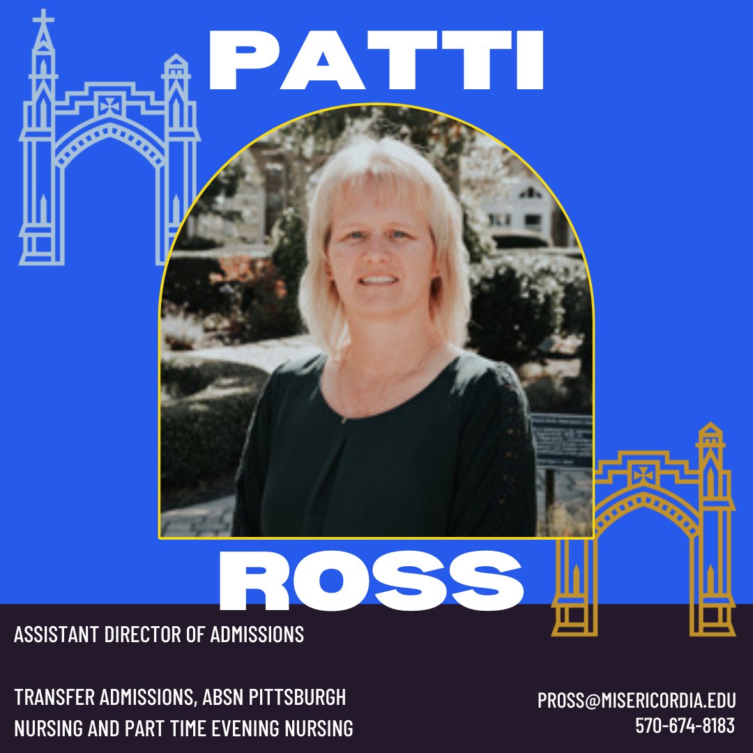 Meet the Admissions Staff!
Patti works with full time and part time transfers, Part Time Evening Nursing and Pittsburgh Nursing students. Patti is an MU alum and likes to share her experience as a student here at Misericordia with her prospective students.