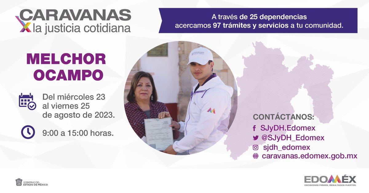 CJ_Edomex's tweet photo. La #SJDH acerca las #CaravanasXLaJusticia al municipio de #MelchorOcampo del 23 al 25 de agosto, podrás acceder a más de 90 trámites y servicios en su mayoría gratuitos.
Descubre más aquí: https://t.co/tGgGbX29s9 https://t.co/XkU8uWW6Pd