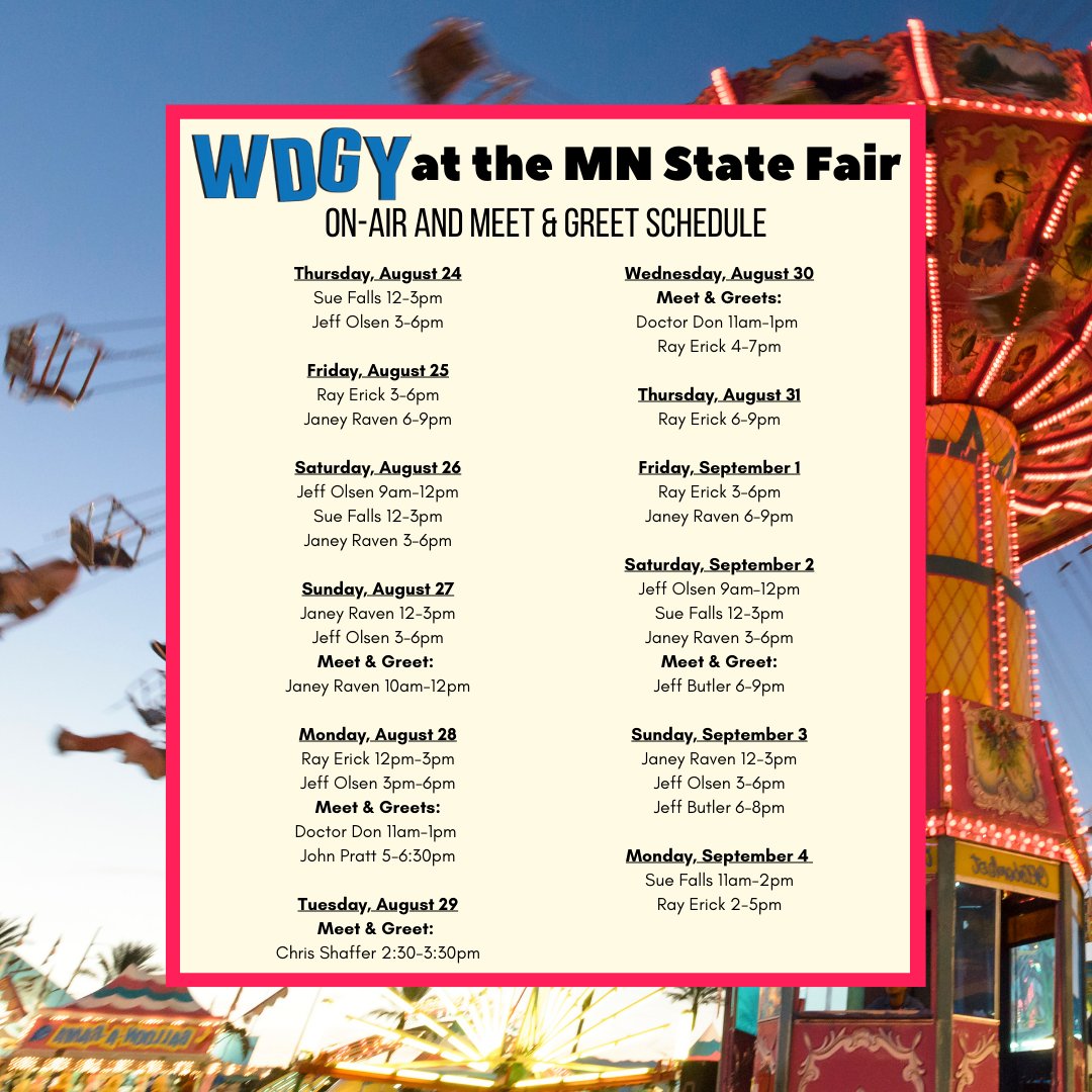 WDGY will be at the MN State Fair for the first time since 1987!  Meet the WeeGee team, buy some  WDGY merch, and of course your favorite, local DJs playing all the hits of the '60s & '70s!
Find us in the Grandstand on the Street Level through Door 3, Turn Left!  See you there!