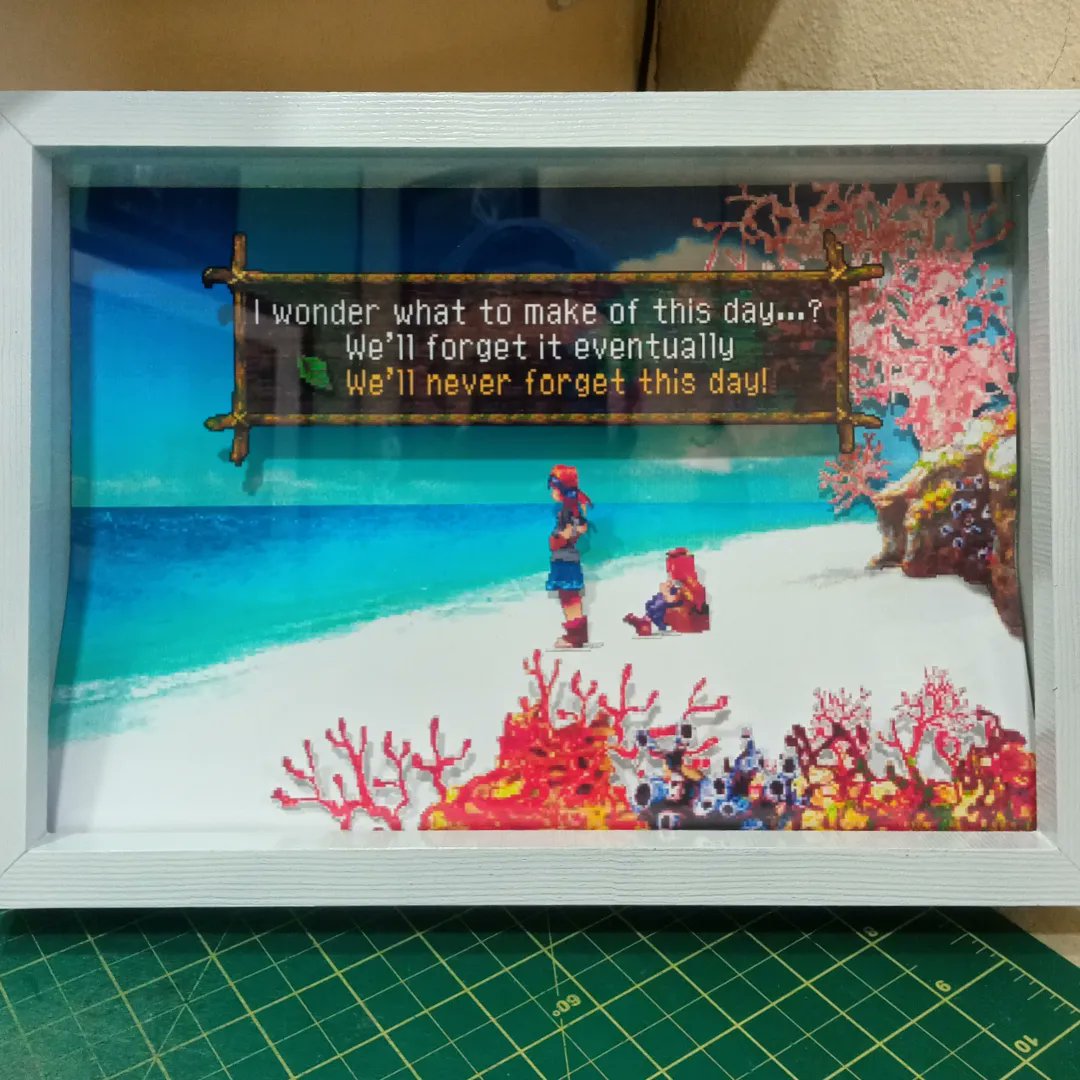 LuArts3D's tweet photo. Chrono Cross Opassa Beach Serge &amp; Leena Diorama

Tudo cortado e montado a mão, moldura em madeira e proteção em vidro.

Tirado direto do jogo cada pixel, eu deixei o a cena mais ampla pra caber tudo na moldura sem ter que esticar 😁.

Curtiu? Da uma força e compartilha ❤️‍🔥 https://t.co/Z0MDHOkQfL