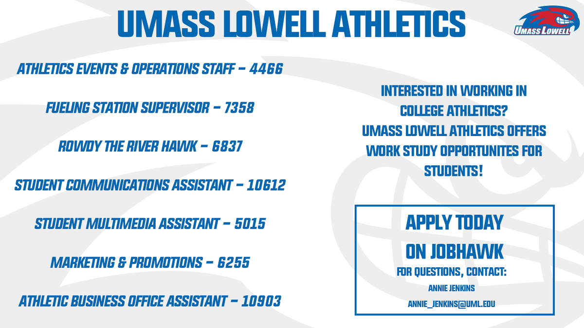 🗣️CALLING ALL STUDENTS!! Use your work study to be part of the River Hawk team! Apply today on JobHawk! #UnitedInBlue