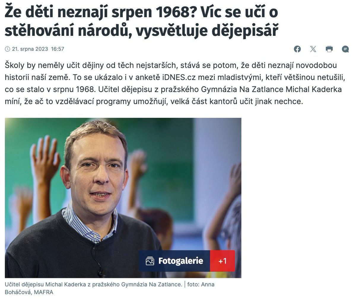 MichalKaderka's tweet photo. Nesnáším ankety, u kterých národ omdlévá, že děti neví, kdo byl TGM. Souhlasil jsem ale s rozhovorem s @tma_mat_ z @iDNEScz, který mě ujistil, že nezveřejňuje jen perly a že znalost náhodně vybraných v letech 15-19 let o roku '68 je mizivá. 
Více v článku: https://t.co/0azzLATsoG https://t.co/TcWalgPvoG
