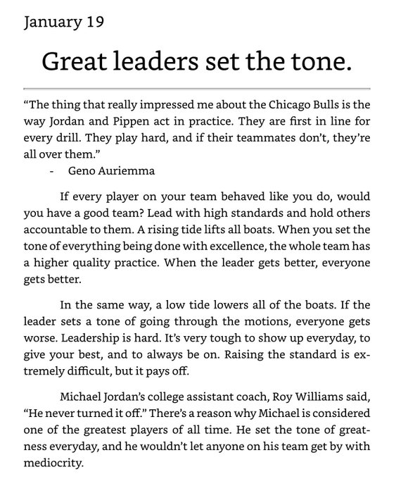 Great leaders set the tone. 
#DailyWisdom via @BallIsPsych