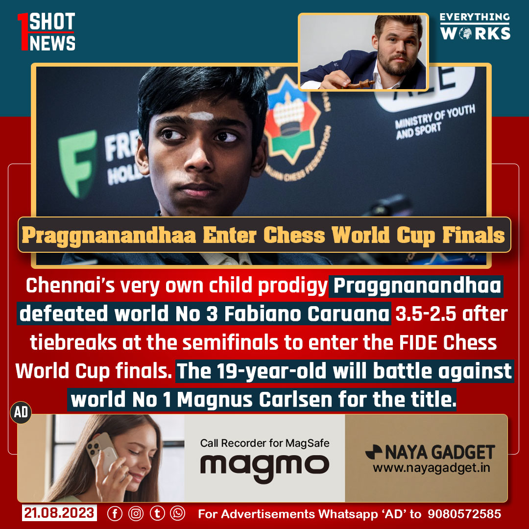 Everything Works on X: Chennai's very own child prodigy Praggnanandhaa  defeated world No 3 Fabiano Caruana 3.5-2.5 after tiebreaks at the  semifinals to enter the FIDE Chess World Cup finals. The 19-year-old