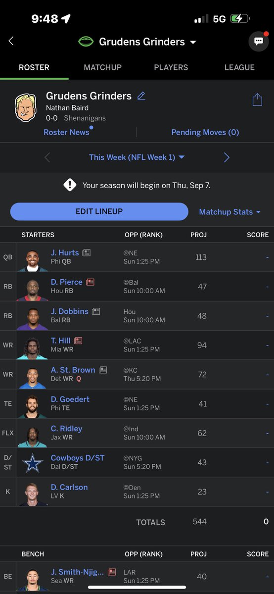 PROJ3CT_FAT's tweet photo. @bdge__ rate my draft. Pick #7. Don’t mind the projections. Same type of league just everything is worth way more. https://t.co/dNGMioXUU3