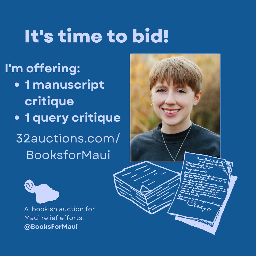 The #BooksForMaui auction is live! Now through Friday, you can bid on a full manuscript critique and/or query critique from yours truly plus hundreds of awesome items from the bookish community to support the people of Lahaina.

32auctions.com/BooksforMaui