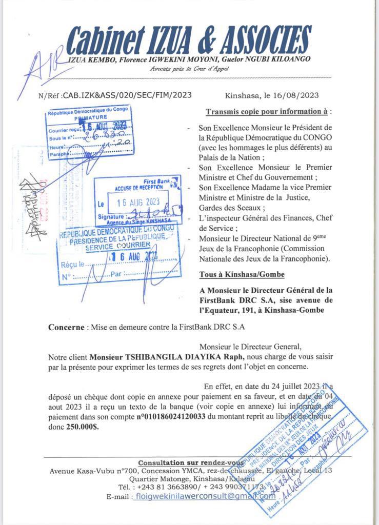 YvesBuya1's tweet photo. #RDC | Jeux de la Francophonie |Entre First Bank et Isidore Kwandja, qui a repris la somme de 250.000 dollars virés dans le compte du patron du restaurant «Chez Ralph»? Désigné comme prestataire afin de servir la bouffe aux athlètes nationaux et étrangers... Doc! (Africanews) https://t.co/gX2u0m3FCU