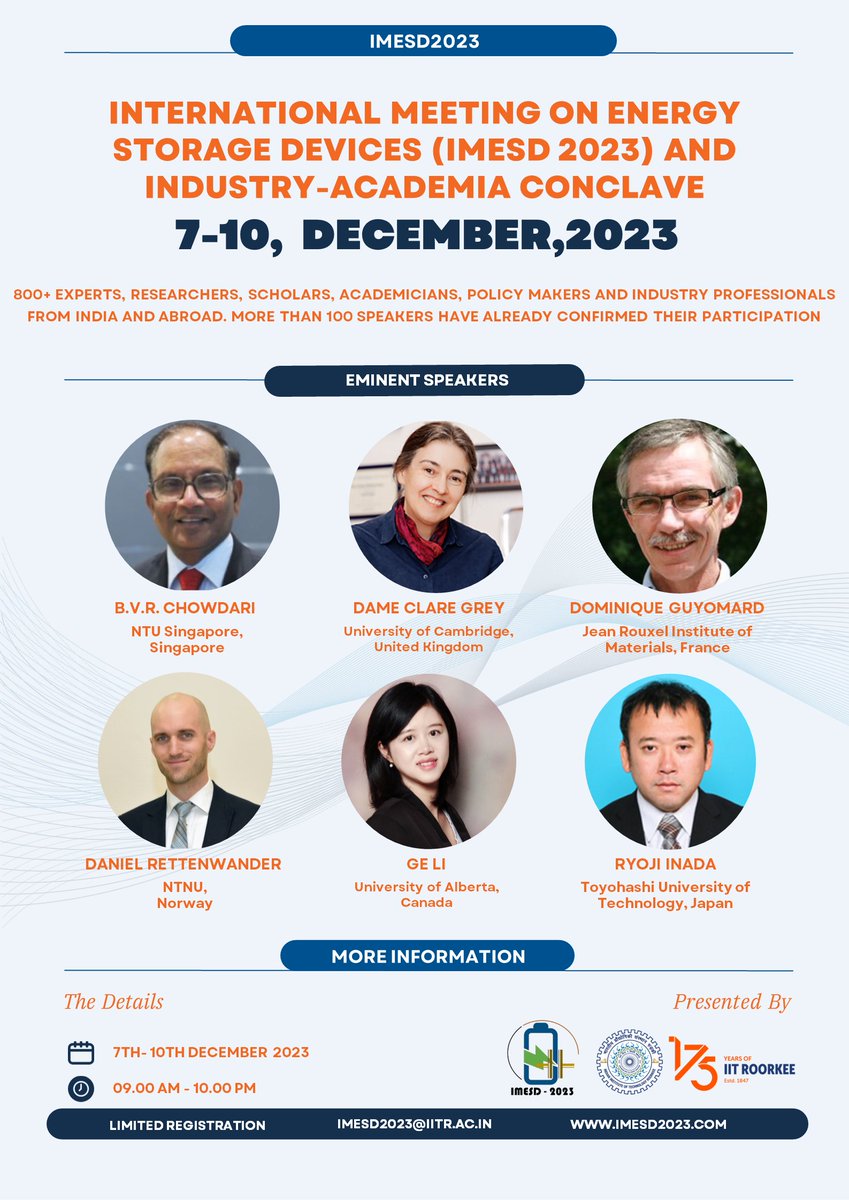 IMESD_India's tweet photo. Meet our Eminent Speakers for India's biggest Energy Storage Meeting at IIT Roorkee.

📌 IIT Roorkee @iitroorkee 
✅ Register now https://t.co/tKkoNUljYi https://t.co/BX6cpolkPA