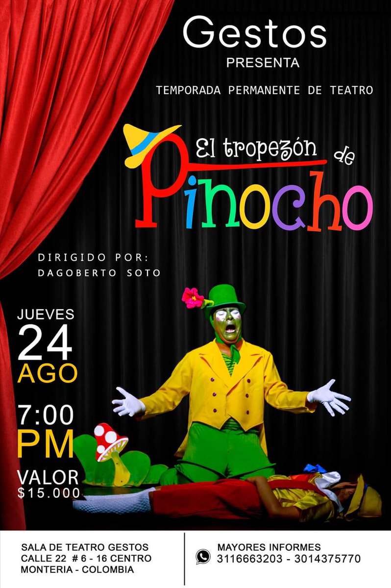 BNova53's tweet photo. #TeatroGestos no para, y está vez te trae una obra muy divertida para disfrutar en familia.

🎭 Obra: El tropezón de Pinocho
🗓️ Día: Jueves 24 de agosto 
🕔 Hora: 7:00 PM
💰 Valor:  $15.000 P.P
📍 Lugar: Sala de Teatro Gestos
Calle 22 # 6 - 16 Centro
🤳 Reservas: 3014375770 - 3116663203

Montería - Córdoba

#MonteríaViveTeatro  #Títeres #Gestos  #Familia #niñosfelicespadresfelices