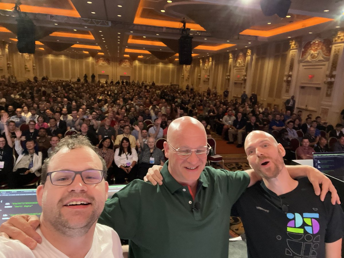 starbuxman's tweet image. Me, dr. @david_syer , and @m_halbritter during our keynote session celebrating 10 years of @springboot, at @springone 2023 #SpringOne