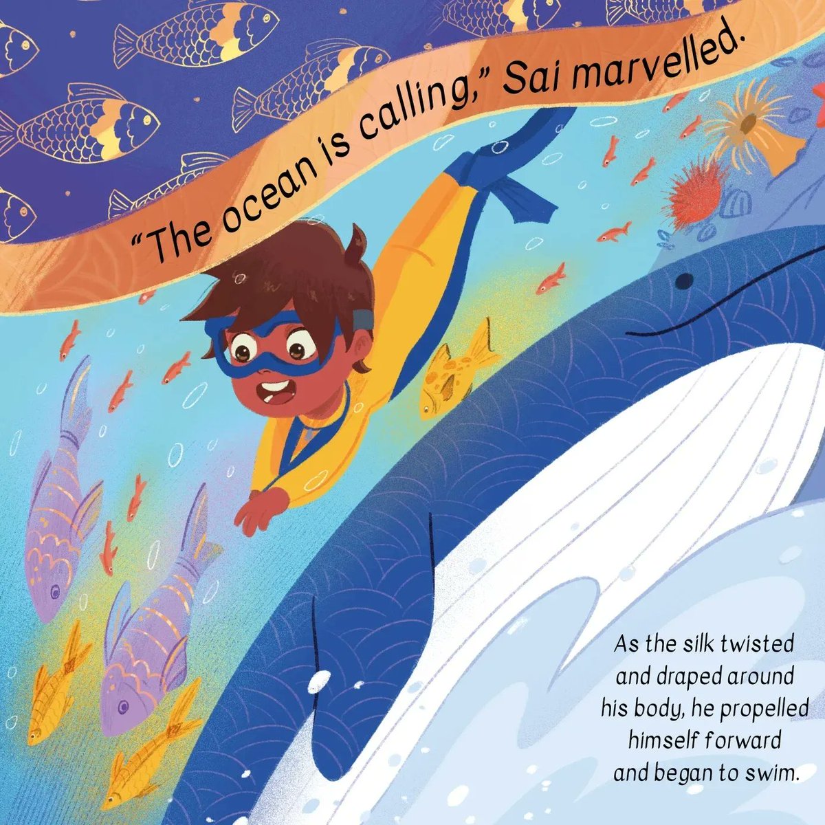 Shyalas's tweet photo. Sharing a few of my favourite pages from SAI'S MAGIC SILK. The magic sweeping across the pages is illustrated by @jani_balakumar 😍

Pre-order link https://t.co/CXbEh7K7oJ

#picturebook #illustration #southasiankidlit #southasian #kidlit #london #kidlitart #mermaid #sari #writers https://t.co/VKsQg59GCH